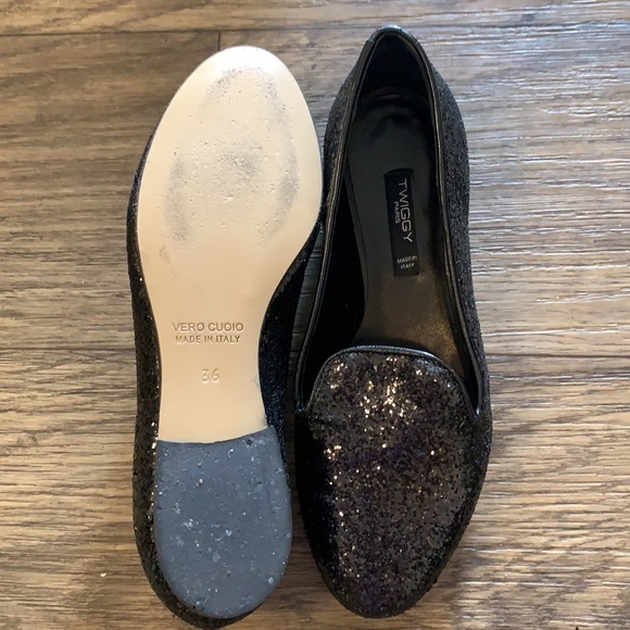 TWIGGY 100% Italy Made Glitter Ballet Black Flats - Picture 4 of 4